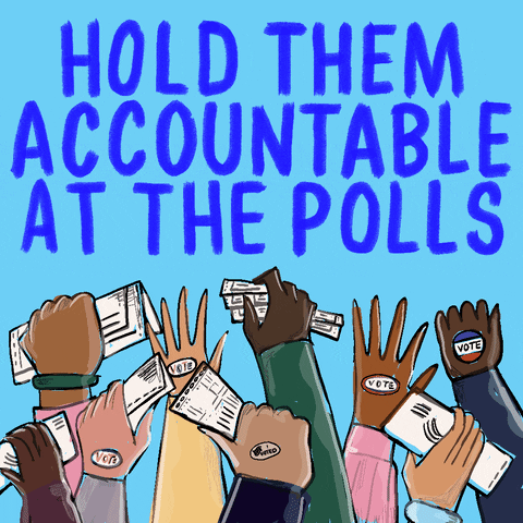 Digital art gif. Several diverse hands clutching ballots and wearing VOTE stickers reach up toward dancing text that reads, “Hold them accountable at the polls” against a blue background.
