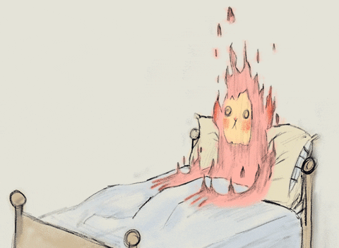 Illustrated gif. Monkey-like character covered in flames sits up in bed with hands on his lap.