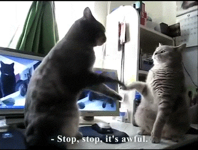 Video gif. Two cats stare and paw at each other lazily before coming to a slow stop. Text, "Stop, stop, it's awful."