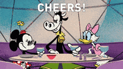 Disney gif. Clarabelle, Minnie, and Daisy in The Wonderful Summer of Mickey Mouse. The three are on a girls date and they sit at a table while clinking glasses, smiling happily. Text, "Cheers!"