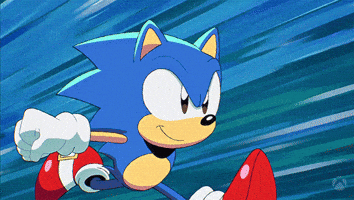 Cartoon gif. Sonic the Hedgehog runs fast with his arms outstretched behind him.