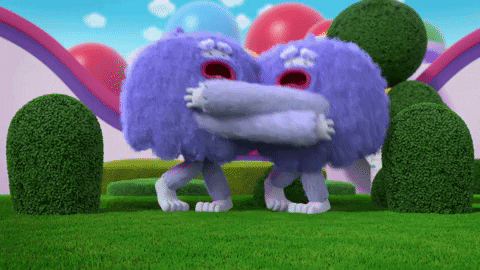 Cartoon gif. The purple, fluffy yetis from True and the Rainbow Kingdom wrap their arms around each other and bounce from foot to foot in panic, eyes squinted and mouths crying out in alarm.