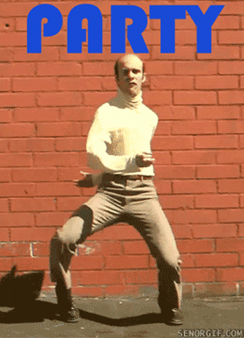 Video gif. Man wearing khakis and a cream-colored turtleneck dances in front of a brick wall, with his arms flailing like noodles. Flashing text frames the image and reads "Party Hard."