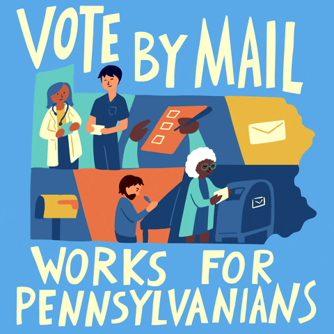 Digital art gif. Shape of Pennsylvania, against a light blue background, holds a colorful collage featuring two medical workers, a person filing out a ballot, a dancing envelope, a mailbox, and a person dropping a ballot into a post office box. Text, “Vote by mail works for Pennsylvanians.”