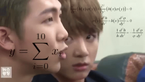 Video gif. Jungkook from BTS looks confused or scared in a class setting. Math equations are overlaid on the screen around his face. 