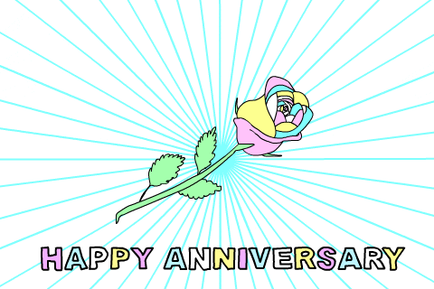 Illustrated gif. A single rose flashes different colors of blue, yellow, pink, and white. Blue rays shake in the background. Text, “Happy Anniversary.”