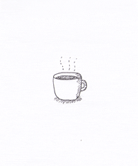 Illustrated gif. Cup of coffee sits and steam comes off the top.