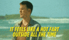 Movie gif. Zach Cregger as Owen in Wrecked stands on a beach and speaks emphatically, saying, "It feels like a hot fart outside all the time."