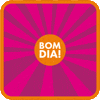 Text gif. Message in white block lettering on a graphic sun snap zooming into us, orange with hot pink rays. Text, "Bom dia!"