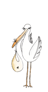 Illustrated gif. Blue balloons float out of a sack hung from the beak of a blinking stork.