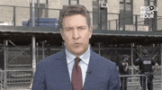 TV gif. PBS NewsHour reporter William Brangham delivers a live on-the-ground report outside of the New York courthouse where former President Trump was convicted. Brangham recounts an incident from inside the courtroom and says "When they kept saying 'guilty, guilty, guilty,' the former president was just staring straight ahead." 