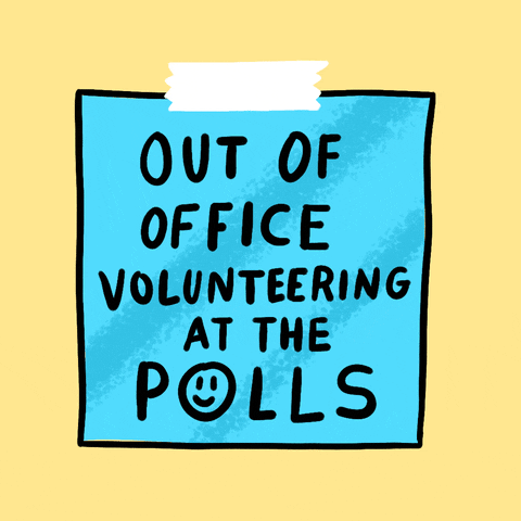 Digital art gif. Blue square of paper taped to a yellow background waves gently. Text, “Out of office volunteering at the pools.” Inside of the “O” in word polls, is a smiley face.