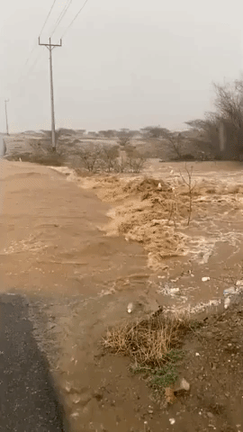 Road Flooded as Intense Rains Smash Jazan, Saudi Arabia
