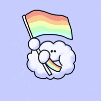 Cartoon gif. A smiling cloud with rainbow arms waves a rainbow flag.