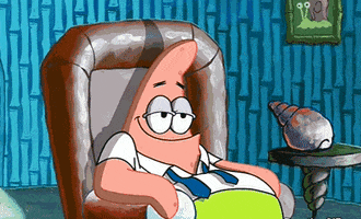 SpongeBob gif. Patrick sits in an armchair in SpongeBob's house wearing a shirt and tie. The tie is undone like he's just come home from work. He points at something off screen and laughs jovially. 
