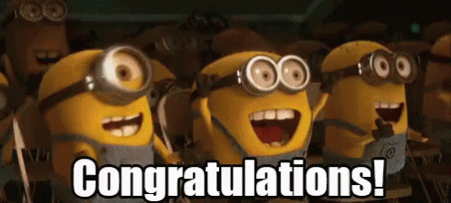 Despicable Me gif. Many tittering minions sit in folding chairs, the three closest to us clapping and raising their arms with joy. Text, "Congratulations!"