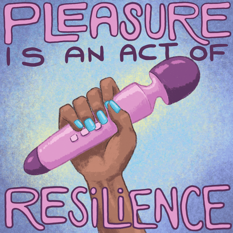 Digital art gif. Hand with blue-painted nails clutches a glowing purple adult toy over a blue background. Text, “Pleasure is an act of resilience.”