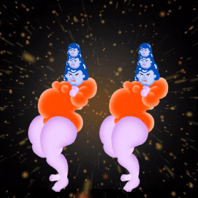 Illustrated gif. Two identical lumpy women have three heads stacked on top of each other. They wiggle their body and dance as stars move around them.