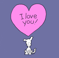 Cartoon gif. A cheerful Chippy the dog howls up to a large heart with black script. Text, "I love you!"