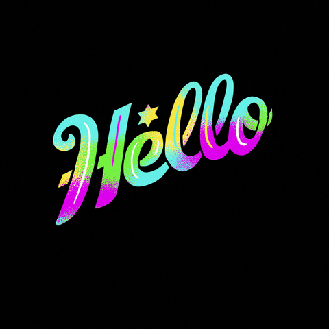 Digital art gif. Stylized rainbow-colored henna marks and cursive letters come to life on a black background, surrounded by a small heart, hamsa, Star of David, and Hebrew character for "l'chaim." Text, "Hello."