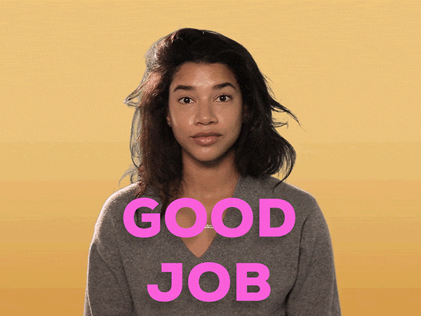 Video gif. Influencer Hannah Bronfman looks at us and smiles enthusiastically, putting both of her thumbs up. Text, "Good job."