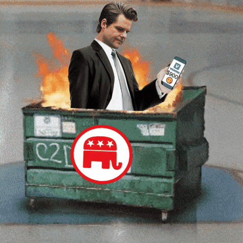 Political gif. Matt Gaetz holds a phone revealing a $900 Venmo payment as he stands inside a raging dumpster fire. The dumpster is stamped with a red and white elephant.