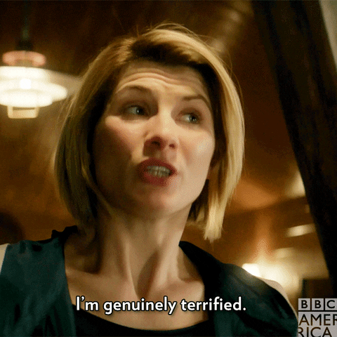TV gif. jodie whittaker as the Thirteenth Doctor in Doctor Who raises her eyebrows and smiles slightly, saying, "I'm genuinely terrified," which appears as text.