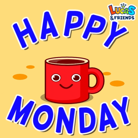 Digital illustration gif. Steamy red mug of coffee with a smiley face on it rocks side to side as coffee splashes out. Text reads, "Happy Monday!"