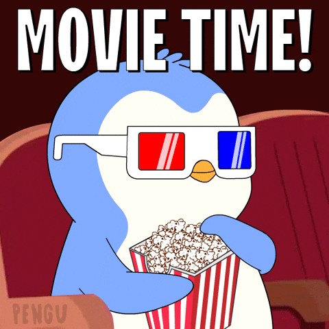 An animated penguin is eating popcorn at a movie theatre.
