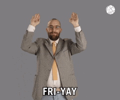 Video gif. Epic Tax Guy "raises the roof" ever so slightly. Text, "Fri-yay."