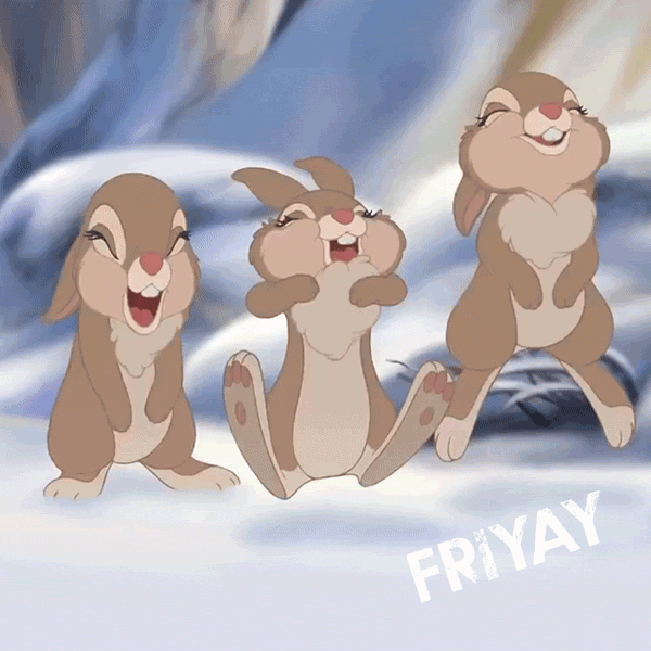 Movie gif. The three bunnies from the animated movie "Bambi" hop up and down happily in the snow. Text, "Fri-yay"