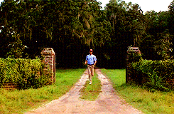 Movie gif. Tom Hanks as Forrest Gump, in a red cap and a blue shirt, running furiously, turning from a dirt lane to a main road.