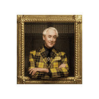 Sponsored sticker gif. Gold-framed portrait of Traitors host Alan Cumming tilts from side to side.