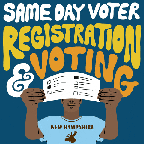 Illustrated gif. Person on a blue background wearing a New Hampshire shirt featuring a moose, holding a ballot toward us, foreshortened to cover their face, under an arch of groovy, color-changing lettering. Text, "Same-day voter registration and voting!"