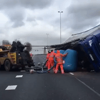 Road Crew Rights Truck Overturned by Intense Winds in Moordrecht