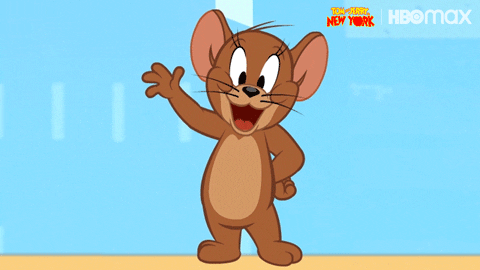 TV gif. Jerry the mouse from Tom and Jerry has his hand on his hip and a wide smile on his face as he waves at us.