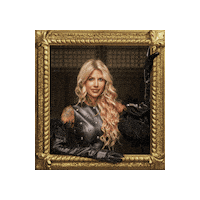 Sponsored sticker gif. Gold-framed portrait of Traitors cast member Carolyn Wiger tilts from side to side.