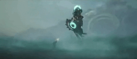 Video game gif.  In a misty, desolate landscape, a dramatic battle unfolds between a futuristic soldier and an advanced flying mech. The soldier, standing on the ground, fires a purple laser beam at the mech. The mech, equipped with glowing circular lights and numerous mechanical tentacles resembling those of an octopus, dips and dives in an attempt to dodge the beam.