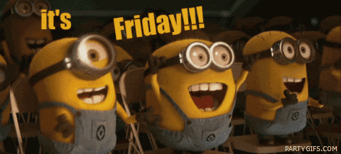 Despicable Me gif. Three minions celebrate together as they cheer excitedly. Text darts above their yellow heads, "It's Friday!"