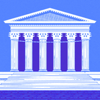 Illustrated gif. The Marble Palace on a cobalt and periwinkle background, a banner unfurls down its columns. Text, "Learn about North Carolina's Supreme Court candidates at guides-dot-vote."