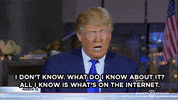 Politics gif. Donald Trump answers on The Daily Show with Trevor Noah, "I don't know. What do I know about it? All I know is what's on the Internet."