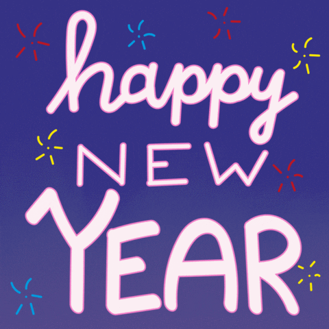 Text gif. Glowing white text reads "Happy New Year," in front of a blue-violet background pulsates with illustrated fireworks.