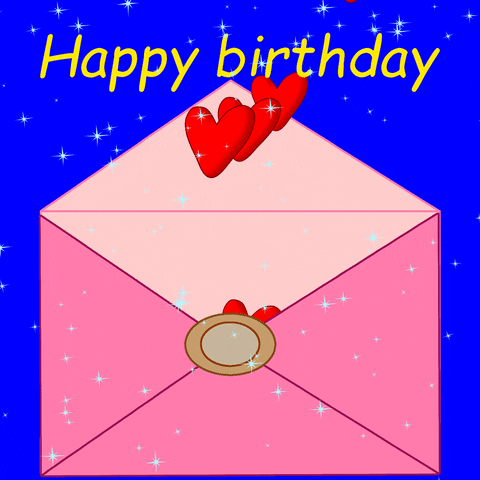 Illustrated gif. Red hearts float out of an open pink envelope, while stars twinkle all over. Text, "Happy birthday."