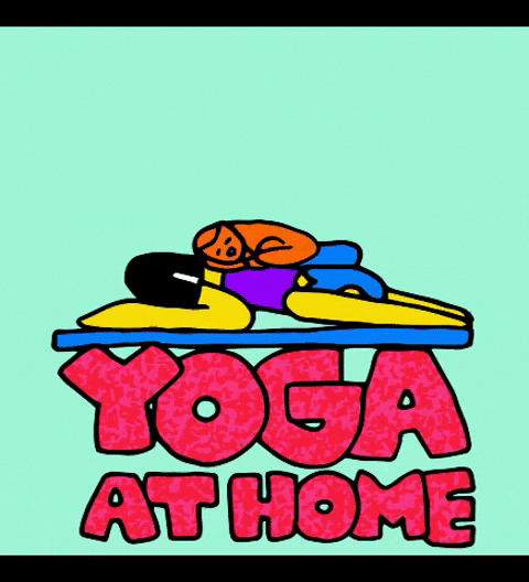 Illustrated gif. Person practices several yoga poses as an orange cat is curled up on her body. Text, "Yoga at home."