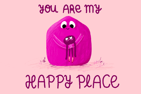 Digital art gif. Two pink blobs huge each other and look deeply into each other's eyes. One is much larger than the other and it carries the smaller blob in its arms. Text, "You are my happy place.