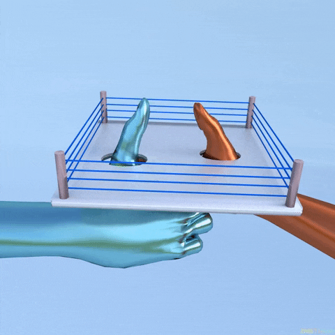 Digital art gif. Two computer generated hands that look like they are made out of blue and bronze medal are thumb wrestling with each other in a tiny wrestling ring. After a few seconds, the bronze thumb pins the blue thumb.