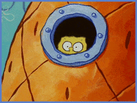 SpongeBob gif. Spongebob peaks out of his window from his pineapple house. He has wide, frightened eyes and slowly slides down and out of view. 
