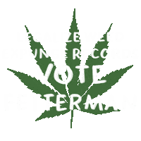 Digital art gif. Green marijuana leaf with a message in white marker font, "Legalize weed, expunge records, Vote Fetterman."