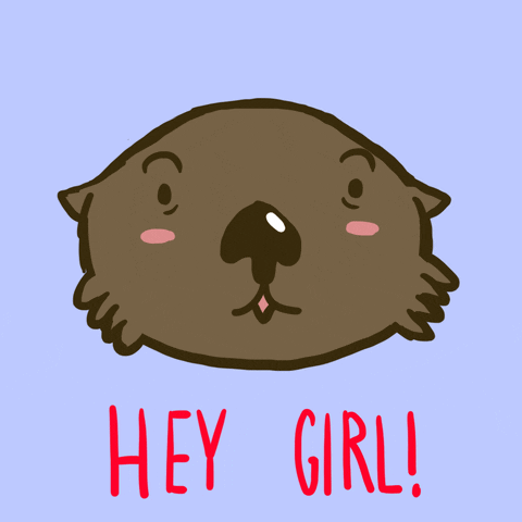 Illustrated gif. Cute otter with rosy cheeks waggles its eyebrows at us and winks. Text, "Hey girl!"