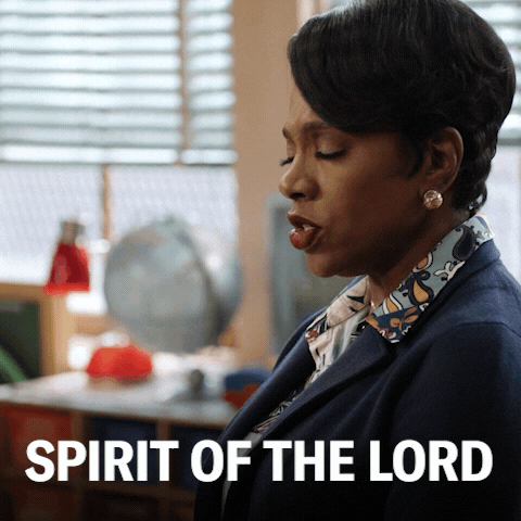 TV gif. Sheryl Lee Ralph as Barbara on Abbott Elementary. She closes her eyes and shakes her fists with energy as she says, "Spirit of the Lord!"